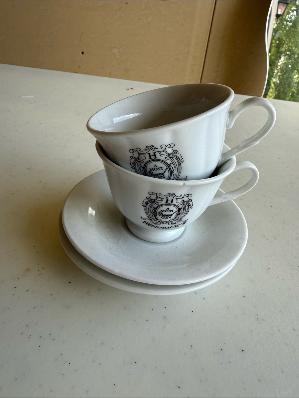 Hendricks Gin White Porcelain Tea Cups with Saucers - Set of 2